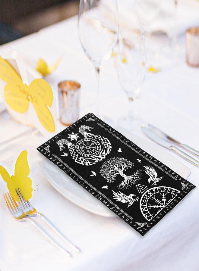 JarThenaAMCS مناديل جارثينا إيه إم سي إس السوداء، 100 قطعة، بتصميم شجرة الحياة الفايكنجية، وخوذة الغراب المهيبة، للاستخدام مرة واحدة، مناسبة للعشاء، ومناشف اليد، والمناديل الورقية، ولوازم المائدة لحفلات الأعياد. - Image 4